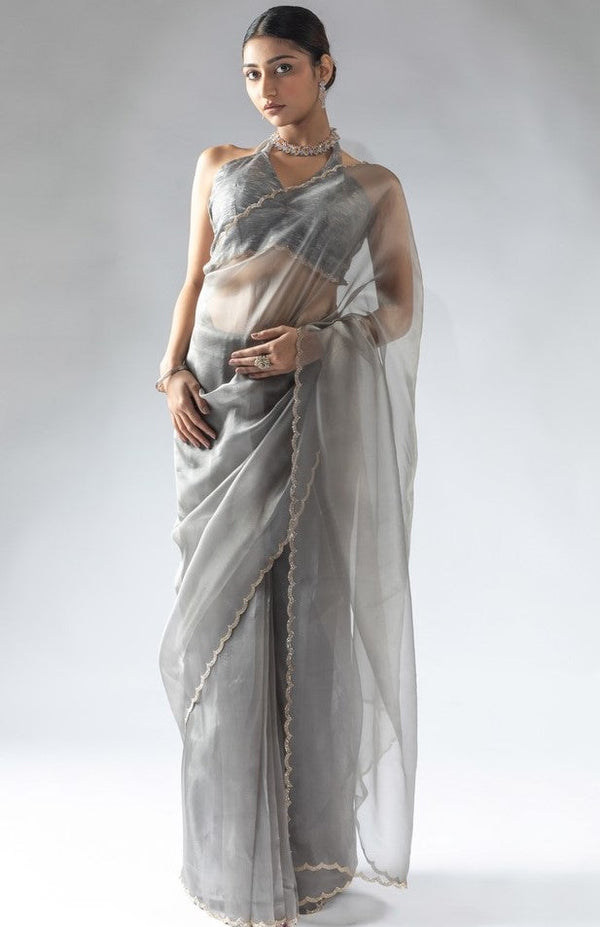 Fabulous Grey Color Tissue Fabric Designer Saree