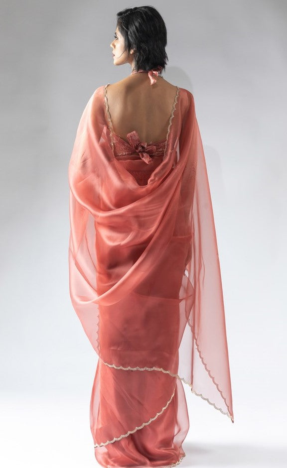 Fabulous Peach Color Tissue Fabric Designer Saree