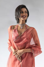 Fabulous Peach Color Tissue Fabric Designer Saree