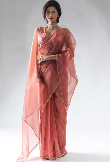 Fabulous Peach Color Tissue Fabric Designer Saree
