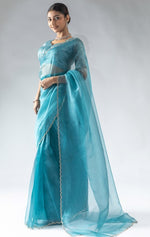 Fabulous Aqua Color Tissue Fabric Designer Saree