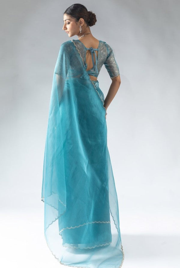Fabulous Aqua Color Tissue Fabric Designer Saree