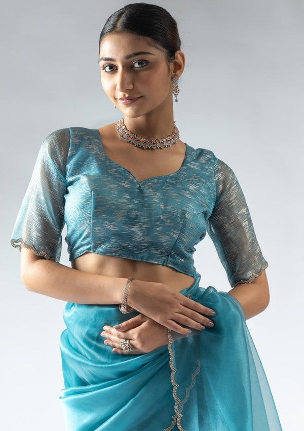 Fabulous Aqua Color Tissue Fabric Designer Saree
