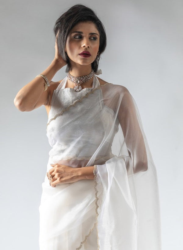 Fabulous White Color Tissue Fabric Designer Saree