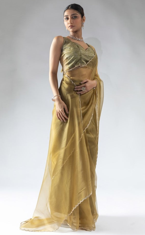 Fabulous Mustard Color Tissue Fabric Designer Saree