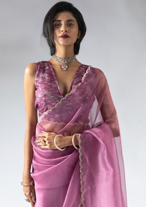 Fabulous Pink Color Tissue Fabric Designer Saree