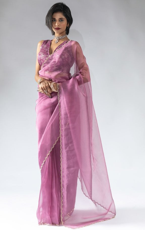 Fabulous Pink Color Tissue Fabric Designer Saree