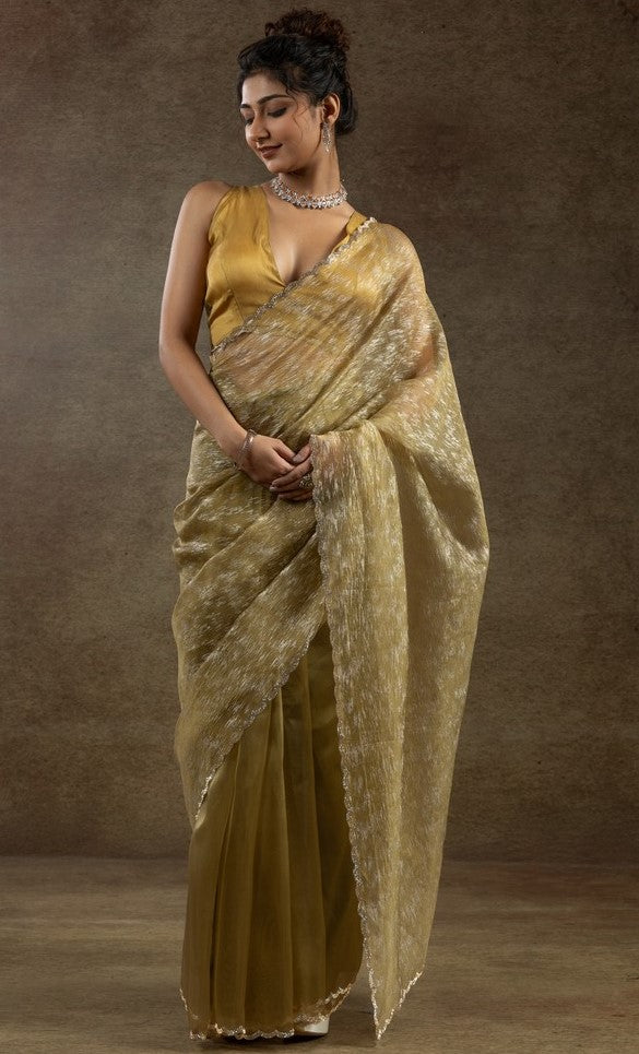Beauteous Mustard Color Tissue Fabric Partywear Saree