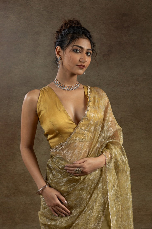 Beauteous Mustard Color Tissue Fabric Partywear Saree