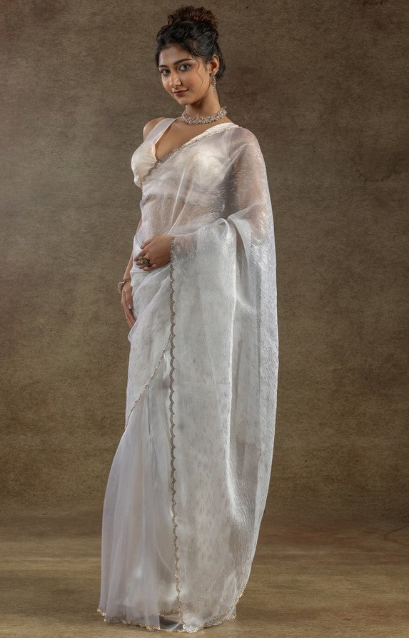 Beauteous White Color Tissue Fabric Partywear Saree