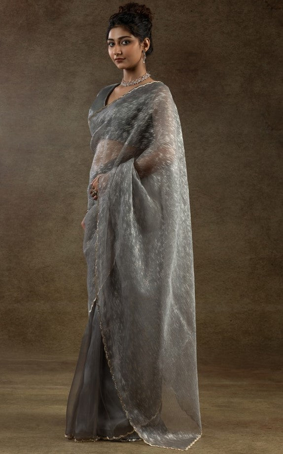 Beauteous Grey Color Tissue Fabric Partywear Saree