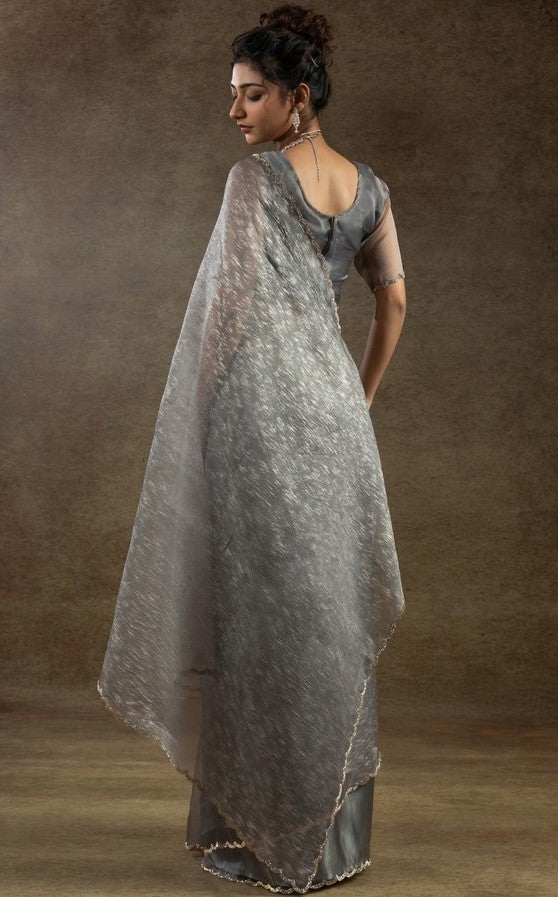 Beauteous Grey Color Tissue Fabric Partywear Saree