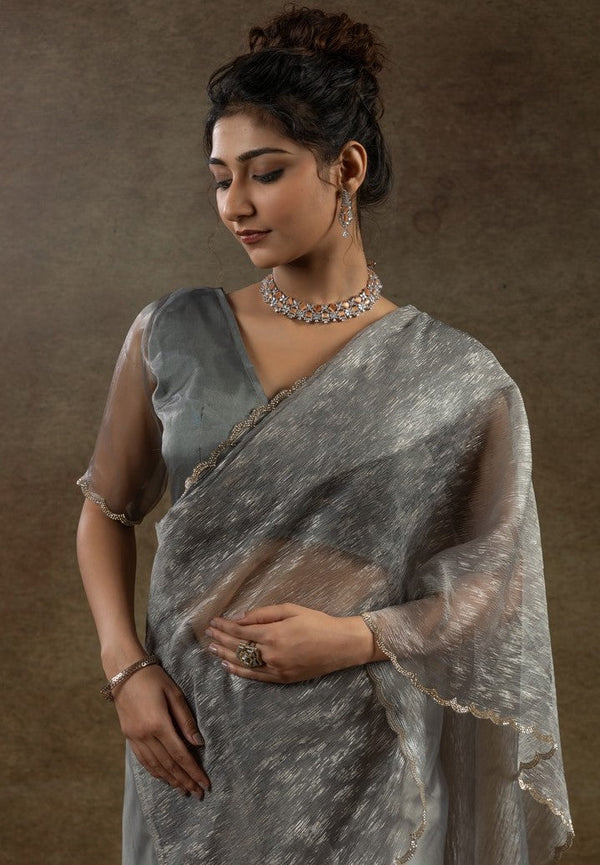 Beauteous Grey Color Tissue Fabric Partywear Saree