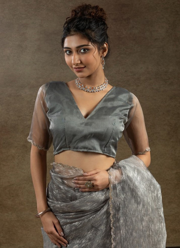 Beauteous Grey Color Tissue Fabric Partywear Saree