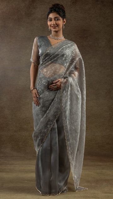 Beauteous Grey Color Tissue Fabric Partywear Saree