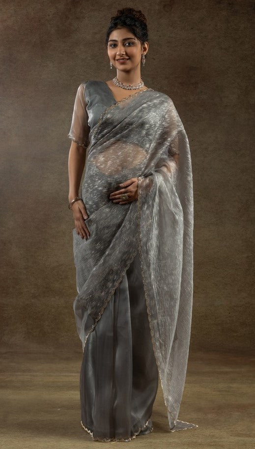 Beauteous Grey Color Tissue Fabric Partywear Saree