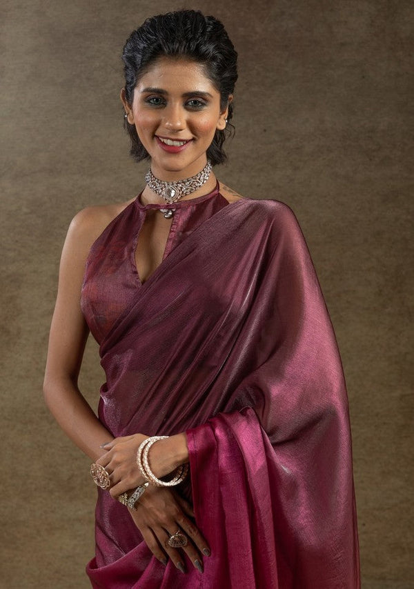 Beautiful Magenta Color Satin Fabric Partywear Saree