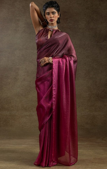 Beautiful Magenta Color Satin Fabric Partywear Saree