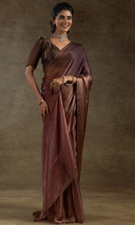 Beautiful Golden Color Satin Fabric Partywear Saree