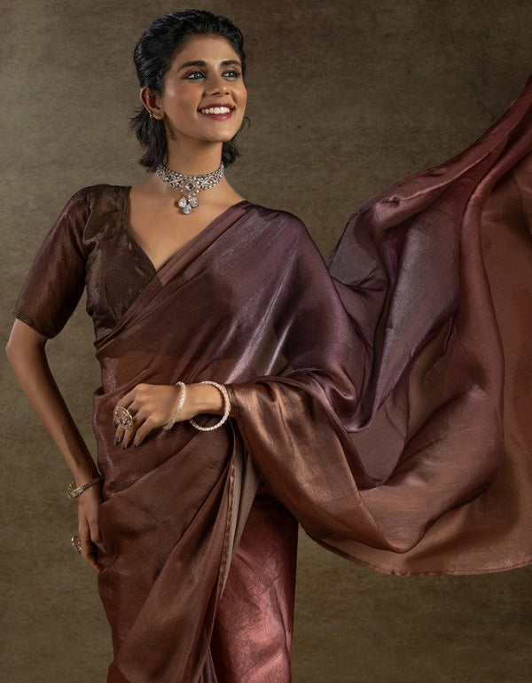 Beautiful Golden Color Satin Fabric Partywear Saree