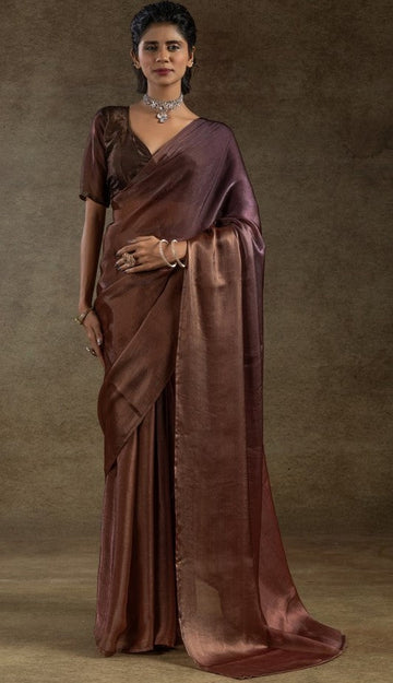 Beautiful Golden Color Satin Fabric Partywear Saree