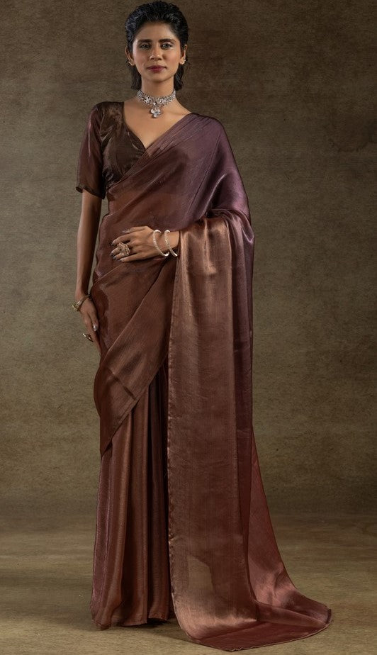 Beautiful Golden Color Satin Fabric Partywear Saree