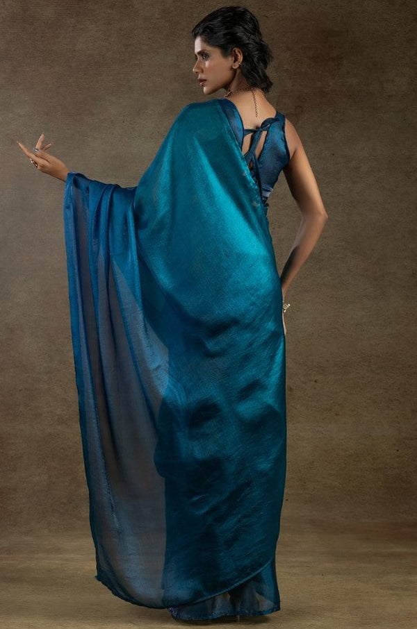 Beautiful Teal Color Satin Fabric Partywear Saree