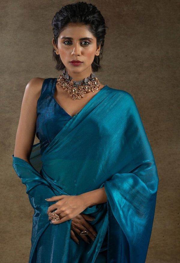 Beautiful Teal Color Satin Fabric Partywear Saree