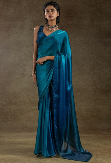 Beautiful Teal Color Satin Fabric Partywear Saree