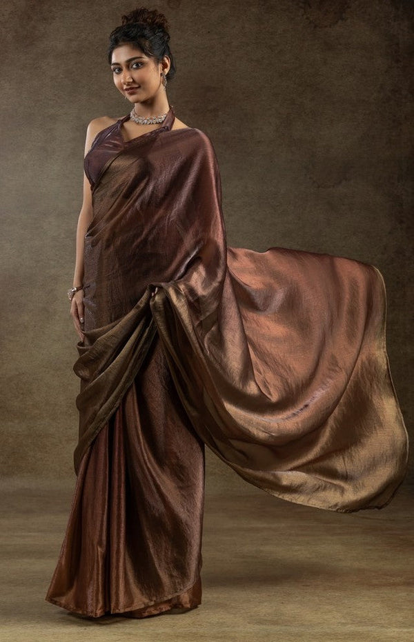 Beautiful Brown Color Satin Fabric Partywear Saree