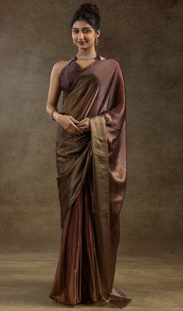 Beautiful Brown Color Satin Fabric Partywear Saree