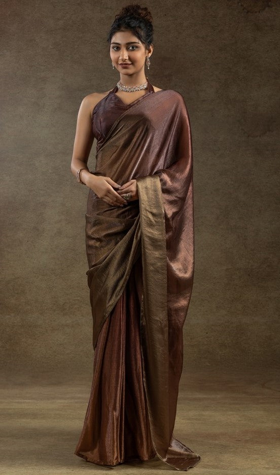Beautiful Brown Color Satin Fabric Partywear Saree