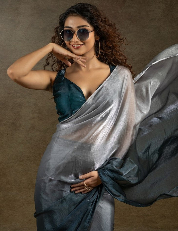 Angelic Teal Color Satin Fabric Designer Saree