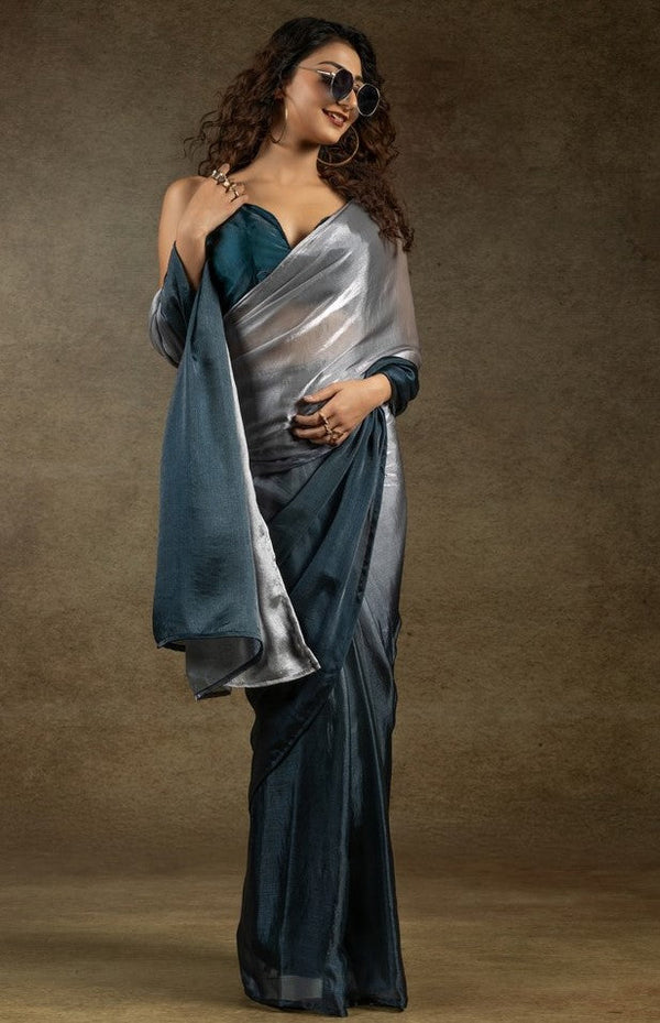 Angelic Teal Color Satin Fabric Designer Saree