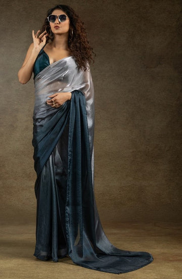 Angelic Teal Color Satin Fabric Designer Saree