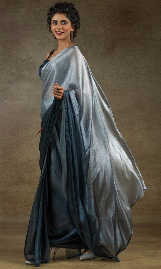 Angelic Grey Color Satin Fabric Designer Saree