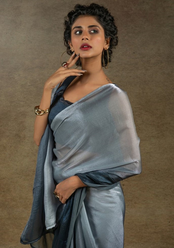 Angelic Grey Color Satin Fabric Designer Saree