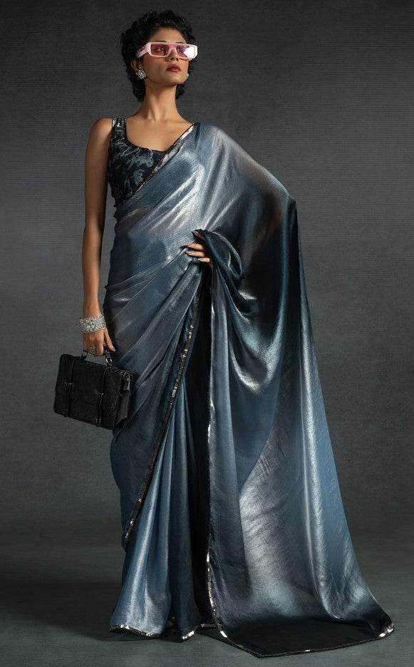 Ideal Grey Color Satin Fabric Designer Saree