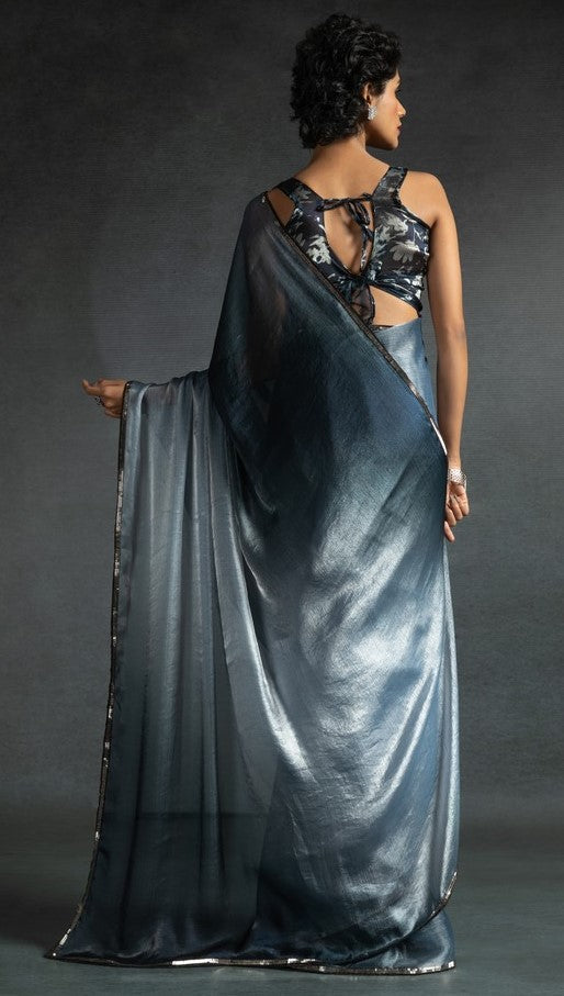 Ideal Grey Color Satin Fabric Designer Saree