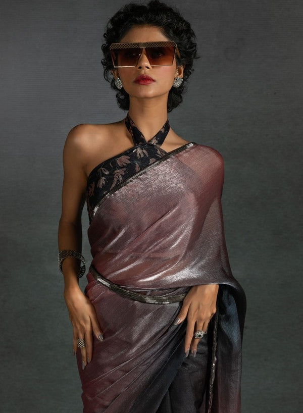 Ideal Peach Color Satin Fabric Designer Saree