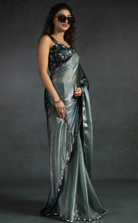 Ideal Grey Color Satin Fabric Designer Saree