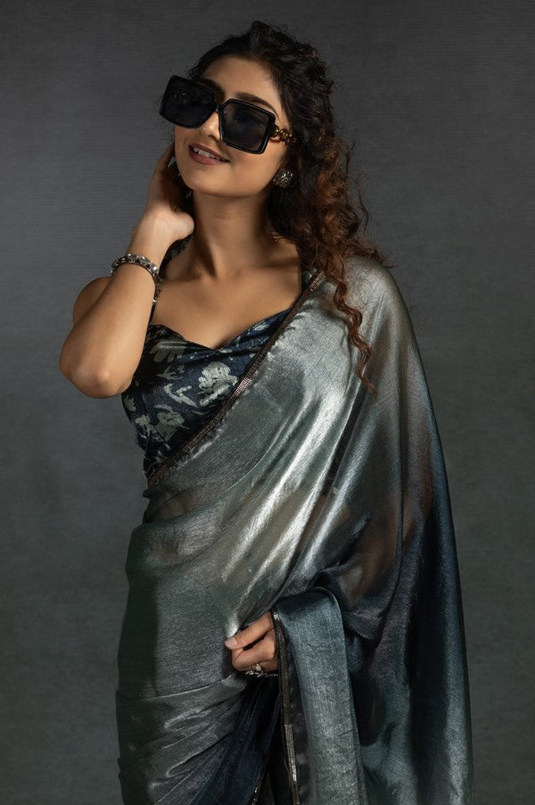 Ideal Grey Color Satin Fabric Designer Saree