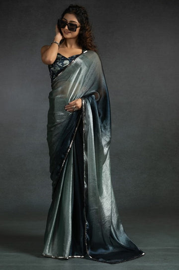 Ideal Grey Color Satin Fabric Designer Saree