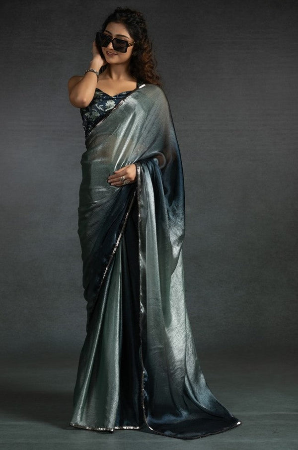 Ideal Grey Color Satin Fabric Designer Saree