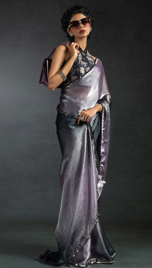 Ideal Purple Color Satin Fabric Designer Saree