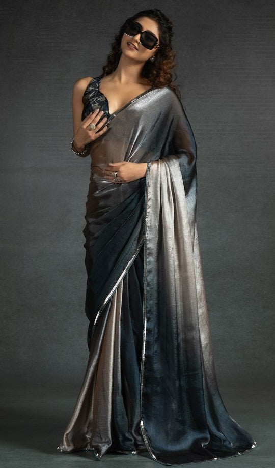 Ideal Beige Color Satin Fabric Designer Saree