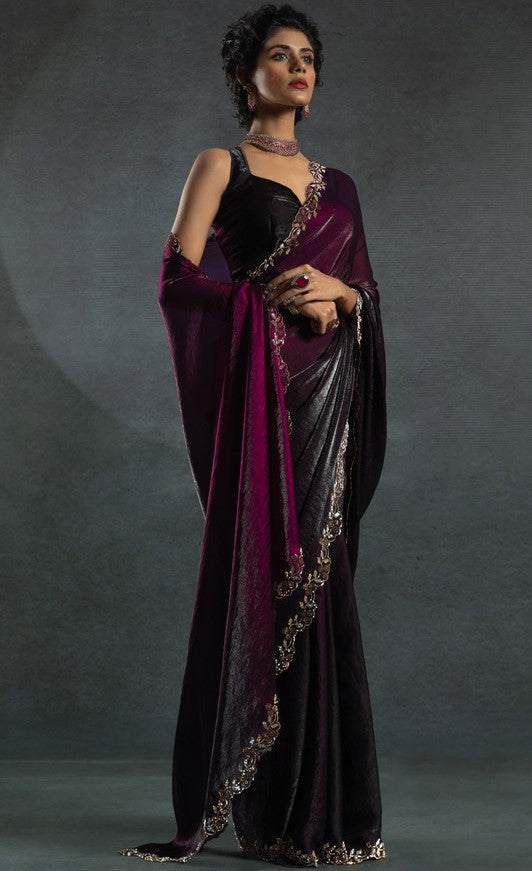 Ideal Wine Color Satin Fabric Designer Saree