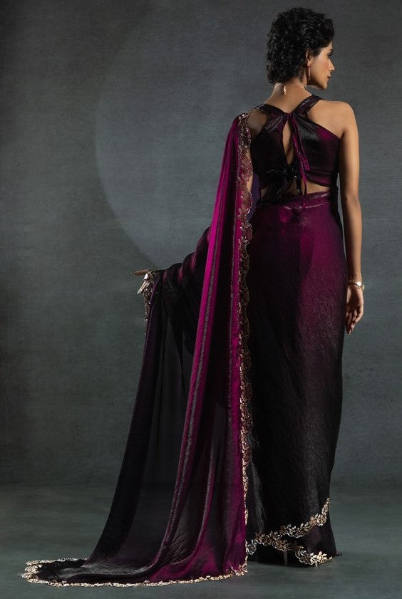Ideal Wine Color Satin Fabric Designer Saree
