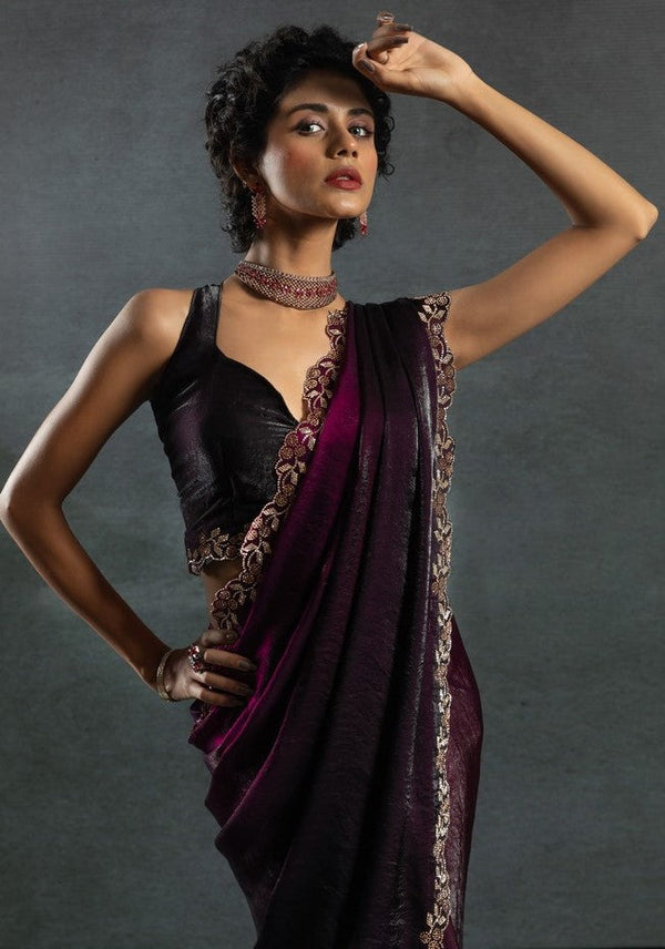 Ideal Wine Color Satin Fabric Designer Saree
