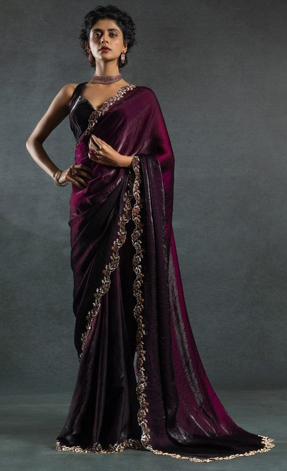 Ideal Wine Color Satin Fabric Designer Saree